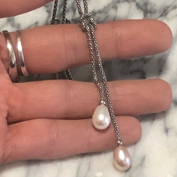 VTG Sterling Silver Popcorn Link Lariat Chain w Pink & White Pearl Drop 17”/2.5” - Picture 6 of 9